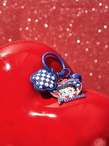 Betty Boop x SHEIN 1PC Betty Boop Blue And White Checkerboard Love Cute Girl Keychain Ring Accessories Bag Paint Bell Decoration Key Ring Small Pendant - Blue - View 5
