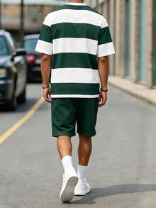 Sorvial Men's Casual Striped Print T-Shirt Set, Simple Daily Wear - Green - View 4