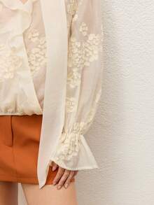CielaLinda Women's Embroidered Lantern Sleeve Ruffle V-Neck Scarf Blouse - Apricot - View 7