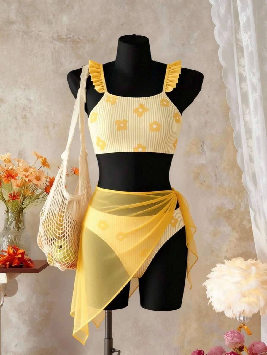 SHEIN Set Bikini Anak Perempuan Remaja Lucu dengan Pita Rajut Warna Pink Polos, Kain Jala Pink Berkerut, Kain Rajut, Set Segitiga, Baju Renang Modis Kasual Indah Elegan, Cocok untuk Berenang, Cocok untuk Liburan, Cocok untuk Musim Panas - Kuning - View 1