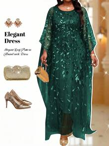 Fleurora Plus Size Elegant Formal Elegant Party Evening Wedding Sequin Embroidered Mesh Dress Dark Green Summer - Dark Green - View 6