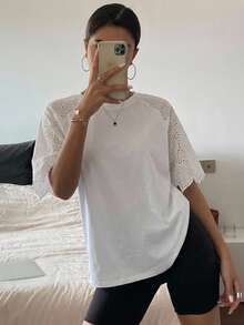 DAZY Women's Solid Color Lace Patchwork Short Sleeve T-Shirt, Casual And Fashionable For Daily Wear - White - View 9