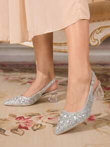 CUCCOO TILAWA Women's Crystal And Glass Rhinestone Pointed Bright Silver High-Heeled Shoes, Suitable For Going Out, Banquets, Parties And Other Activities - Bright silver - View 9