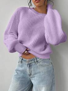 SHEIN BASICS 女款純色時尚百搭圓領長袖針織衫，適合日常穿著 - 淡紫色 - 查看 4