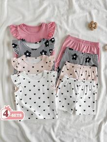 SHEIN Vintaside Kids 8件組女嬰夏季套裝，春/夏季新款休閒日常外出可愛趣味簡約愛心/花朵條紋荷葉袖背心T恤與短褲圖案印花島嶼風 - 彩色 - 查看 1