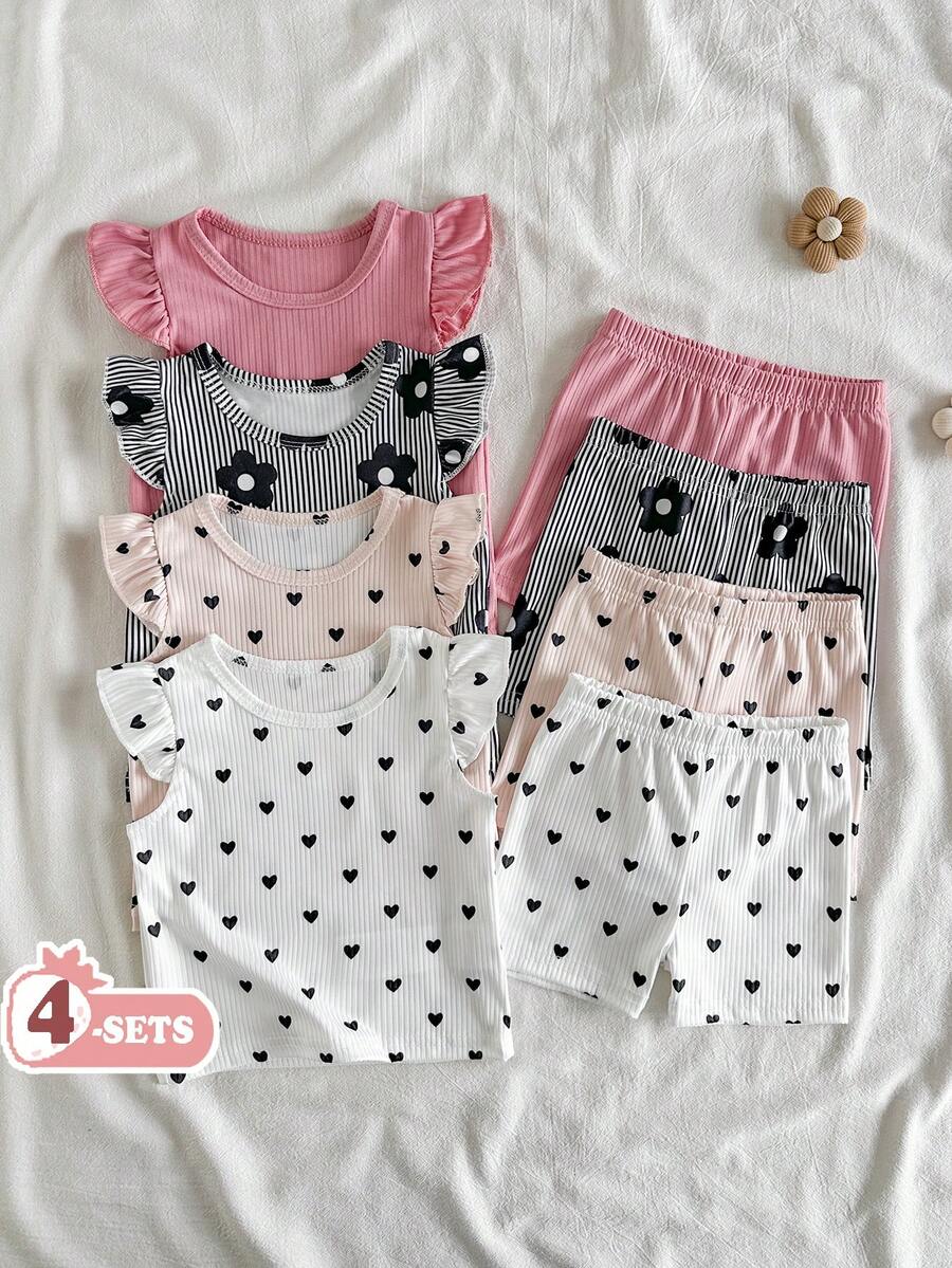 SHEIN Vintaside Kids 8件組女嬰夏季套裝,春/夏季新款休閒日常外出可愛趣味簡約愛心/花朵條紋荷葉袖背心T恤與短褲圖案印花島嶼風 - 彩色 - 查看 1