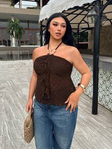 Firerie Top sexy de talla grande con espalda descubierta y cuello halter para vacaciones - Café integral - Ver 3