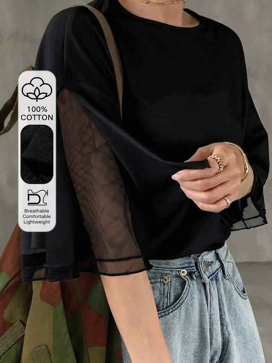 FRIFUL 女款夏季純色圓領短袖拼接透視網紗T恤 - 黑色 - 查看 1