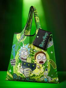 Rick and Morty X SHEIN 1 個科幻科學家與男孩卡通主題可摺疊購物袋，輕量聚酯纖維重複使用購物袋，附迷你收納袋與珠鏈掛飾，大容量日常使用托特包，科幻卡通迷的完美禮物 - 黑綠 - 查看 2