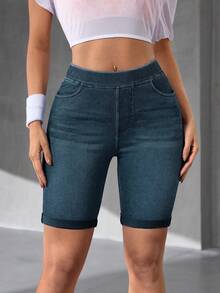Flexra Stretchy Slimming Mid-To-High Waist Denim Shorts Gym Dark Blue Summer Casual Sporty - Dark Wash - View 6