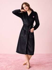 Bonmuse 1pc Women's Elegant V-Neck Long Sleeve Flannel Fluffy Robe With Belt, Autumn/Winter, Cozy - Black - View 5