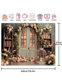 1pc Vintage Wooden Arch & Floral Fabric Backdrop, Spring Pink Rose, Wedding Portrait Photography Background With Wooden Vase & Books, Ideal For Photo Shooting - multicolor - View 11