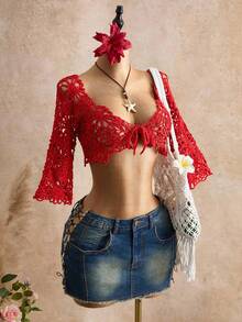 Allurite Summer Elegant Tropical Vacation Hand-Crocheted Red Hollow Out Short Sleeve Tie-Front Holiday Party Vacation Date Beach Women's Thin Cardigan - Red - View 8