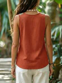 EMERY ROSE V-Neck Relaxed Vacation Style Lace Trim Women's Tank Top - Orange - View 2