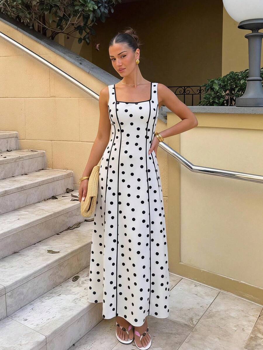 Siren Gaze Summer New Polka Dot Square Neck Color Block Waist-Cinched Long Dress For Women - Apricot - View 1