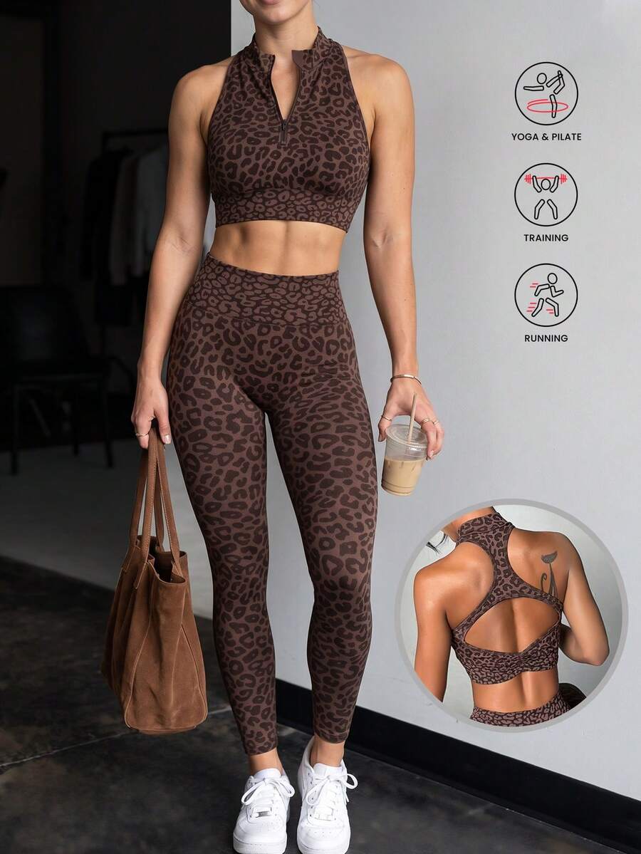 Dewbera Dewbera 2-teiliges Damen Yoga-Workout-Set mit nahtlosem sexy Sport-BH mit Leopardenmuster, Cut-outs und Racerback sowie 3/4-Leggings, braun, sommerliches Fitness-Set für Damen