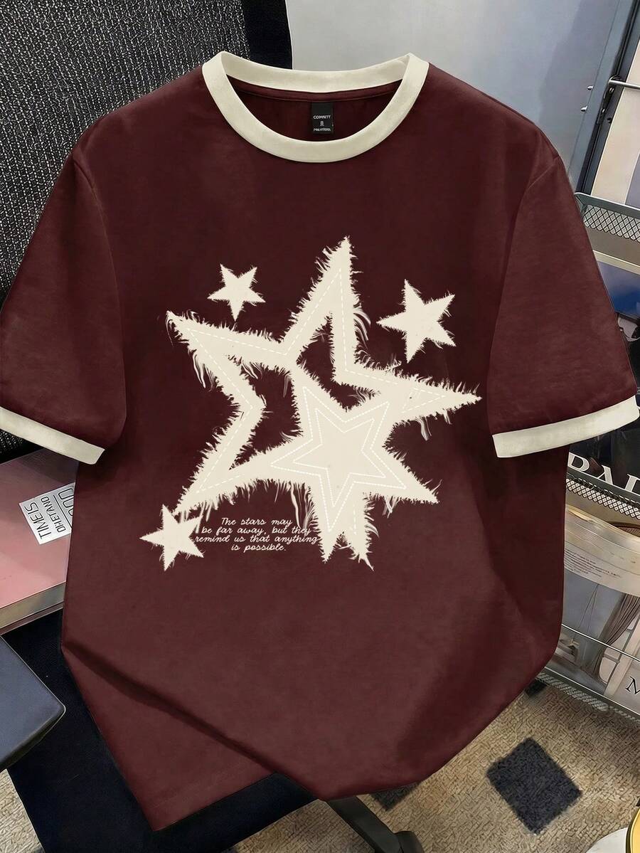 Manfinity Joysei Men's Brown And Apricot Color Block Star & Slogan Print T-Shirt - Brown - View 1