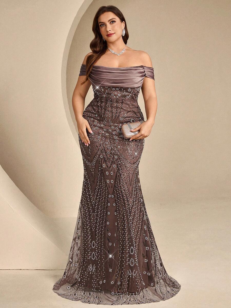 Coutiva Plus Size Sequin Long Formal Evening Gown (Heavy Embellishment Style) - Brown - View 1