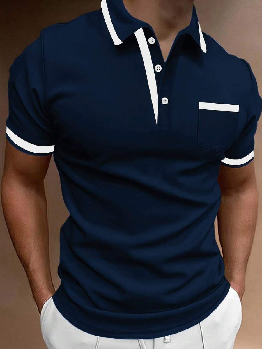 Calvornis Kemeja Polo Pria Lengan Pendek Warna Kontras Kasual untuk Perjalanan Sehari-hari, Acara Formal - Navy Blue - View 1