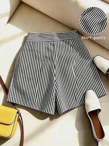 SHEIN Franclia 女款夏季條紋不對稱下擺休閒通勤裙褲 - 黑與白 - 查看 2