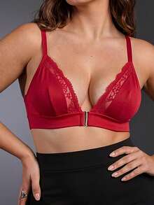 EmpressEnvy Front Closure, Lifting, Padded, Teardrop Cups, Eyelash Lace Decor, Comfortable Lace Patchwork Plus Size Bra & Wireless Bra - Red - View 4