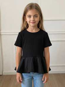 Dazy Kids 女童純色圓領短袖荷葉邊下擺休閒T恤 夏季 - 黑色 - 查看 4