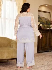 PalaceNights Misty Purple Premium Mesh Spitze Ärmel Bindung Große Größen 2 Stücke Pyjama Set - Mauve - Übersicht 3