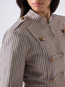 LYSMO 女款條紋金屬鈕扣設計長袖休閒正裝版型夾克 - 咖啡棕 - 查看 8