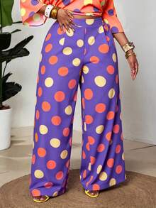 Maweii Plus Size Women's Dopamine High Saturation Color Block Polka Dot Drape Wide Leg Pants, Slimming Straight Leg Long Pants, Summer Vacation Casual Floor-Length Pants - Purple - View 6
