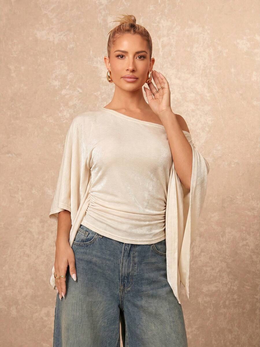 Lumalex Women's Asymmetrical Shoulde Batwing Sleeve Fashion Elegant Top Decoration Body-Contouring Draped Bodice For Summer Date,Vacation,Party & Weddings