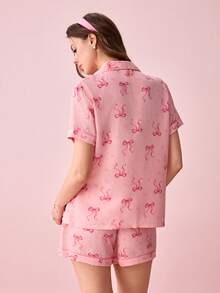 Bonmuse 2 件套女士爱心蝴蝶结印花短袖翻领衬衫和短裤睡衣套装，春夏季休闲家居服 - 粉色 - 查看 2
