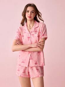 Bonmuse 2 件套女士爱心蝴蝶结印花短袖翻领衬衫和短裤睡衣套装，春夏季休闲家居服 - 粉色 - 查看 4