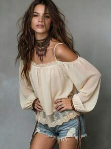 SHEIN LUNE Summer Women's Elegant Lace Cold-Shoulder Blouse, Light Apricot Loose Lantern Sleeve Blouse, Casual Street, Vacation, Date - Apricot - View 4