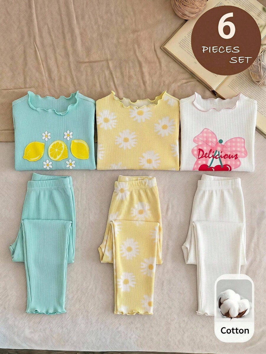 SHEIN 6pcs Baby Girl Knitted Solid Color Floral & Fruit Pattern Ruffle Collar Casual T-Shirt And Pants Set - Multicolor - View 1
