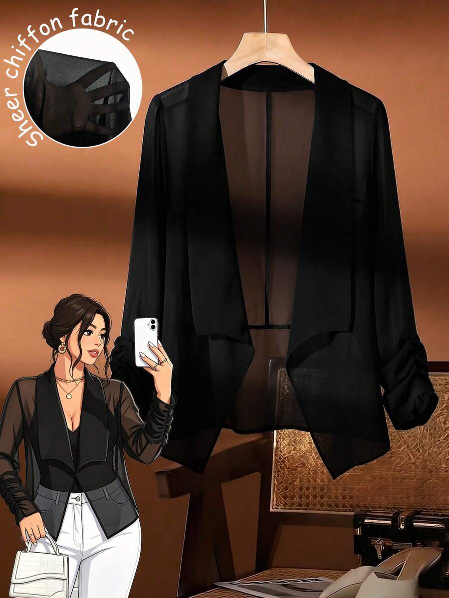SHEIN Clasi 大尺碼薄款純色罩衫外套 春夏新款 寬鬆短版 開襟 披肩領 3/4袖 輕便罩衫外套 - 黑色 - 查看 1