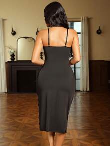 Seduluxe Women's Sexy Milk Silk Lace Trim Asymmetrical Slit Deep V-Neck Bodycon Maxi Dress 2pcs Set - Black - View 2