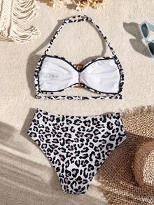 SHEIN Tween Girl Leopard Print Metal Decor Halter Neck Swimwear Set For Beach Vacation - Multicolor - View 3