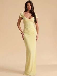 SHEIN BAE Pale Yellow Solid Color Sweetheart Neck Short Sleeve Backless Fitted Maxi Knit Dress, Elegant Dress, Summer Cocktail - Yellow - View 6