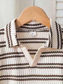 Souflis 2pcs Young Boy Set, Summer Vintage Striped Textured Short Sleeve Polo Shirt + Casual Shorts 2-Piece Outfit - Brown - View 8