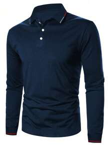 Manfinity Homme 男士對比飾邊 Polo 衫，男士長袖 Polo 衫，男士高爾夫球衫，男士藍色上衣，秋季，正式 - 藏蓝色 - 查看 4