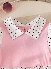 SHEIN Playful Pals Baby Girls' Spring/Summer Holiday 2-Piece Set, Polka Dot Pattern, Cute Style. Collared Puff Short Sleeve Ruffle Hem Top, Flared Long Pants, Pink - Baby Pink - View 7