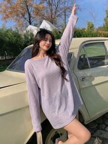 DAZY 女款素色休閒度假海灘罩衫洋裝 - 紫色 - 查看 3