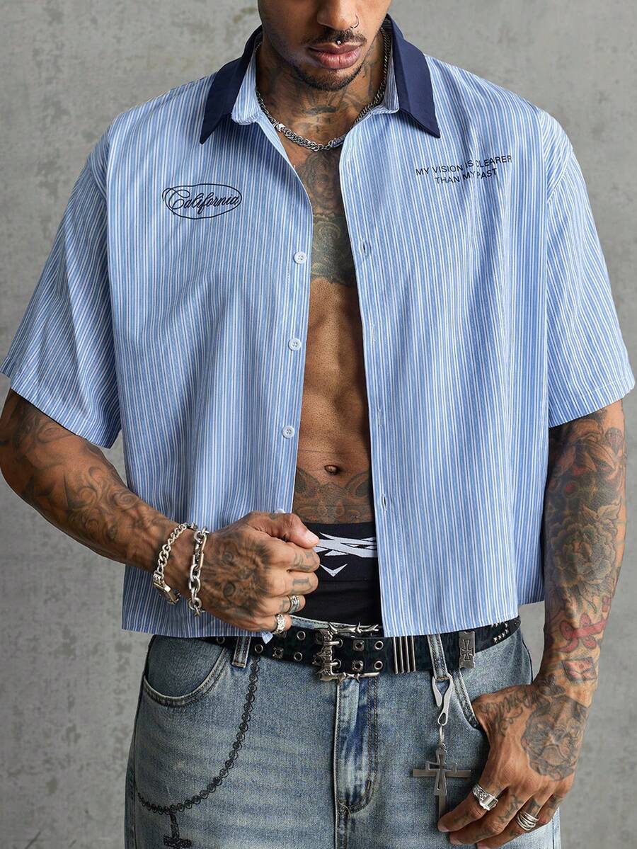 AXEPEAK Men's Navy Blue Single-Breasted Short Sleeve Shirt Back-To-School Vacation Streetwear - Blue - View 1