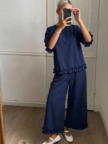 Livesso 女款夏季圓領短袖荷葉邊下擺純色寬鬆休閒上衣與寬腿長褲兩件套 - 藍色 - 查看 3
