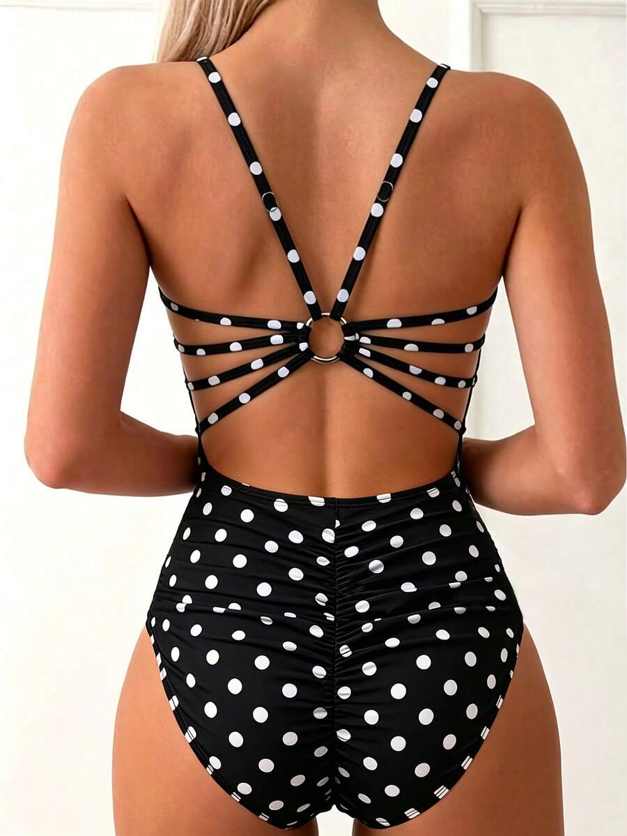 Swim Basics Women's Polka Dot Print Backless Halter One-Piece Swimsuit - Multicolor - View 1