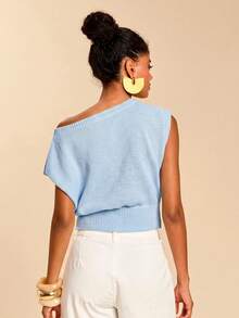 Travachic Women Floral Pattern Asymmetrical Shoulder Solid Color Knit Top - Baby Blue - View 2