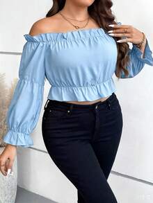 Vionelle Blusa corta con volantes y mangas con hombros descubiertos. Top peplum. - Neblina azul - Ver 3
