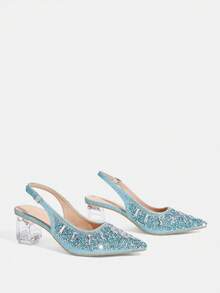 CUCCOO TILAWA Women's Crystal Heel Glass Rhinestone Pointed Toe Blue High Heel Pumps, Suitable For Outings, Banquets, Parties And Other Events - Ice Water - View 3