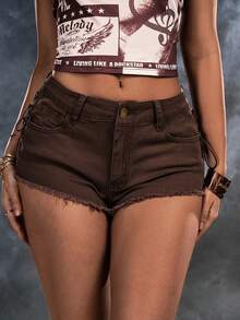 ROMWE Y2K Sexy Denim-Shorts für Damen mit Schnürung, ausgefranstem Saum und Cut-out-Rücken - Kaffeebraun - Übersicht 2