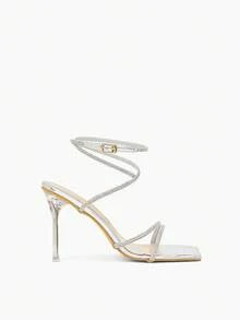 Glitzique Sandales à talons hauts avec bride à la cheville, décoration de strass et embossage en métal doré, mode femme. Convient pour les soirées d'été et les boîtes de nuit, talons aiguilles - Argent - Voir 6